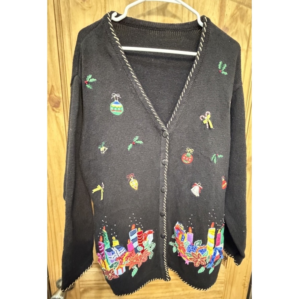 Vintage Christmas Cardigan Sweater Embroidered‎ Candles Gifts Cozy Holiday